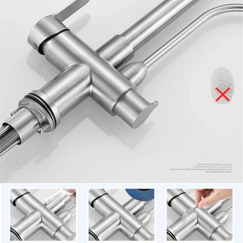 Wolnostojący Kran Kuchenny – Podwójna Gałka | Szlifowany Nierdzewny | Ciepła i Zimna Woda