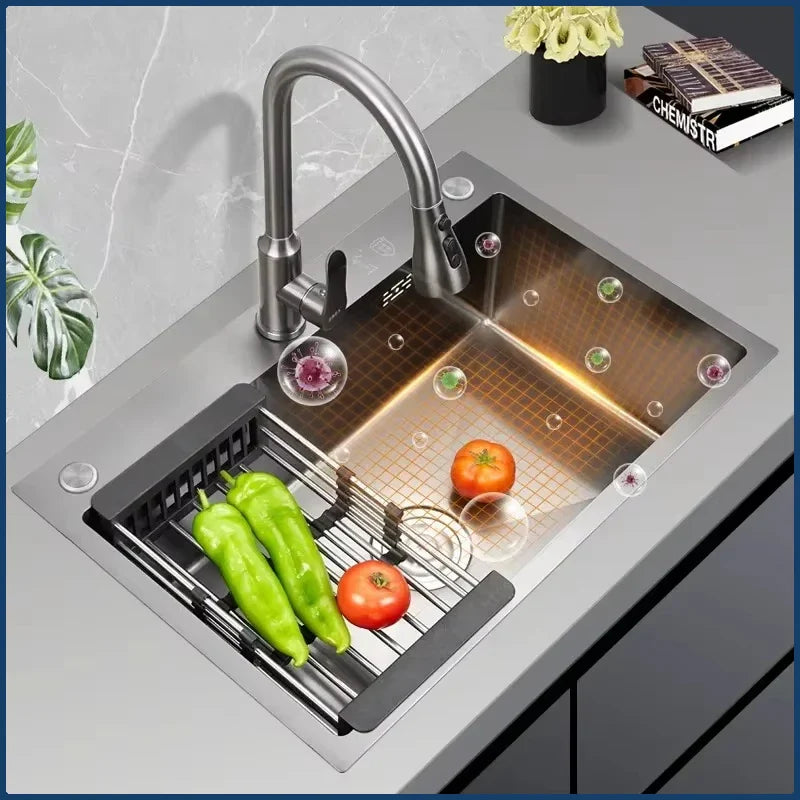 Luksusowy Czarny Wielofunkcyjny Zlewozmywak Kuchenny – 304 Stal Nierdzewna | 68 lub 75 cm | Z Latającym Deszczem Wysuwaną Baterią & Akcesoriami