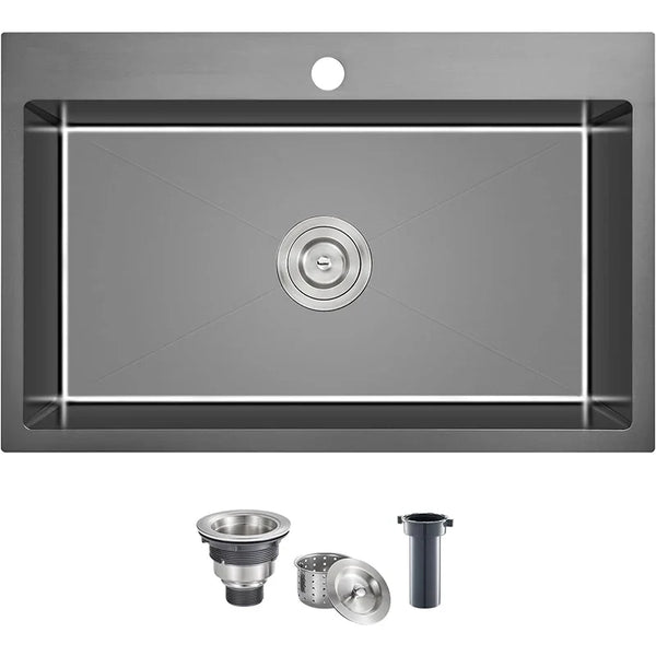 Czarna Zlewozmywak Kuchenny – Jednokomorowy | Montaż Nakładany | Stal Nierdzewna 304 | Głębokość 9 Cali