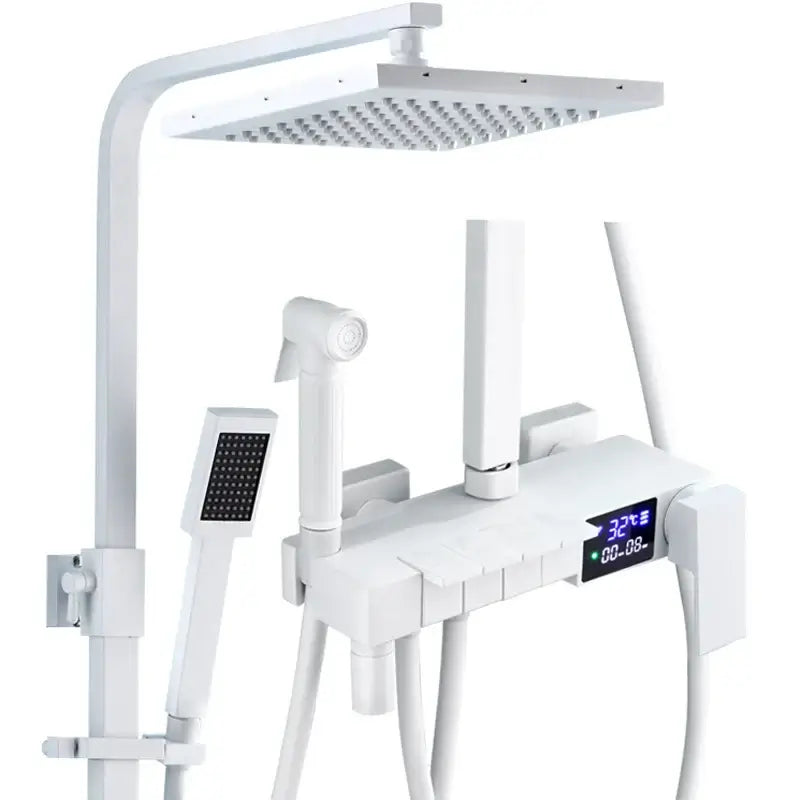 Termostatyczny Zestaw Prysznicowy – Szczotkowane Złoto | Mosiądz i ABS | Regulowana Wysokość | Kwadratowa Deszczownica 20 cali