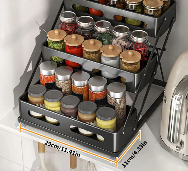 SpiceTower 3-poziomowy Składany Stojak Kuchenny – Metalowy Stojak na Przyprawy & Organizer Narożny – Wolnostojący, Solidny & Stylowy Czarny