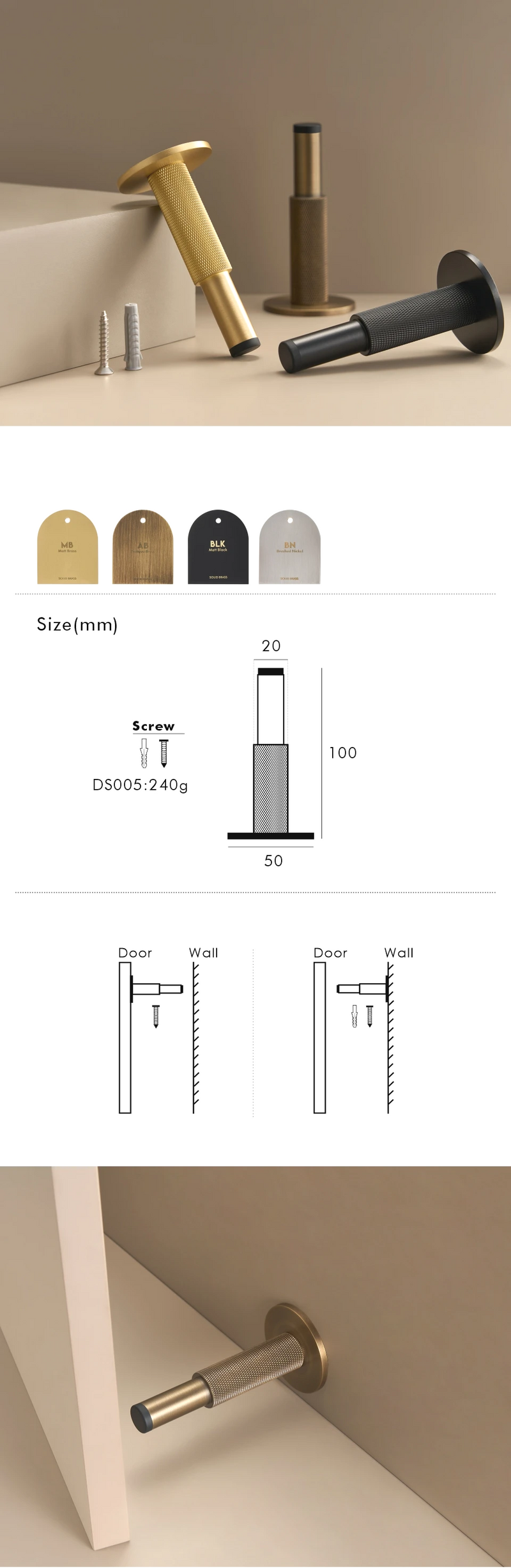 Nurlin Mosiężny Zatrzask do Drzwi z Rowkowaniem