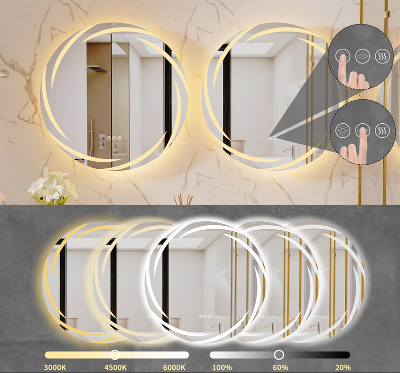 GlowRound Antykondensacyjny LED Lustro Łazienkowe – Okrągłe HD Lustro Ścienne z Oświetleniem (3 Kolory Światła)