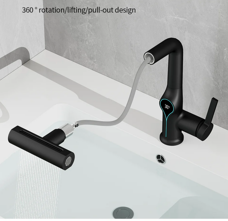 AquaGlow Wodospad – Bateria Umywalkowa z Cyfrowym Wyświetlaczem Temperatury i Efektem Wodospadu