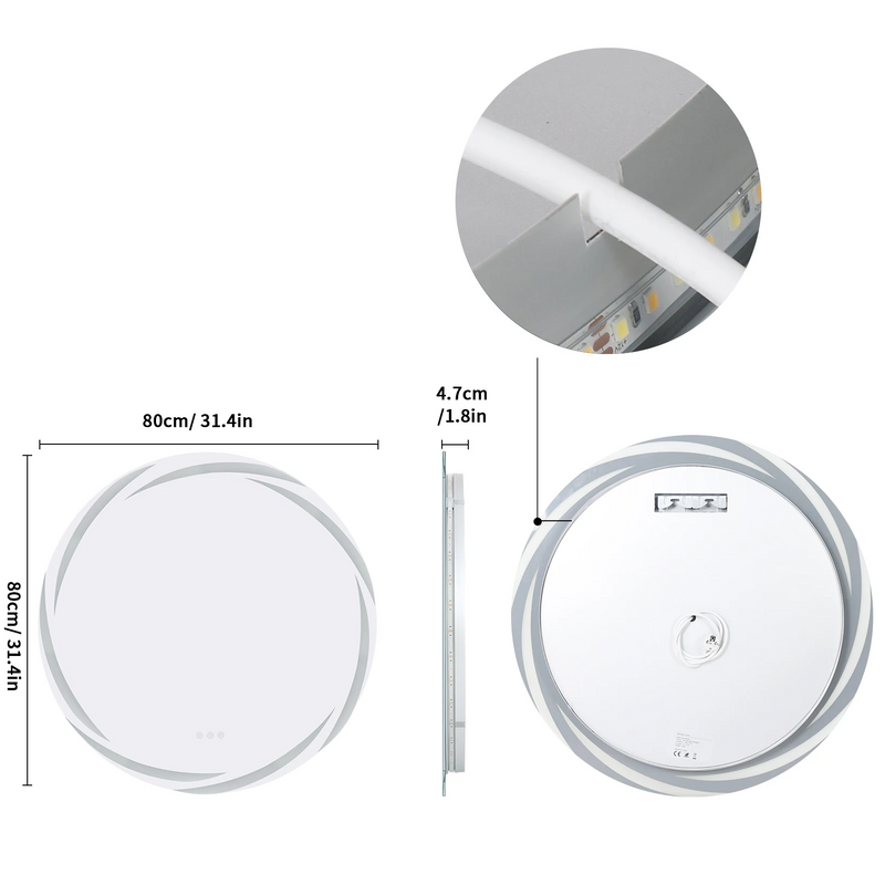 GlowRound Antykondensacyjny LED Lustro Łazienkowe – Okrągłe HD Lustro Ścienne z Oświetleniem (3 Kolory Światła)