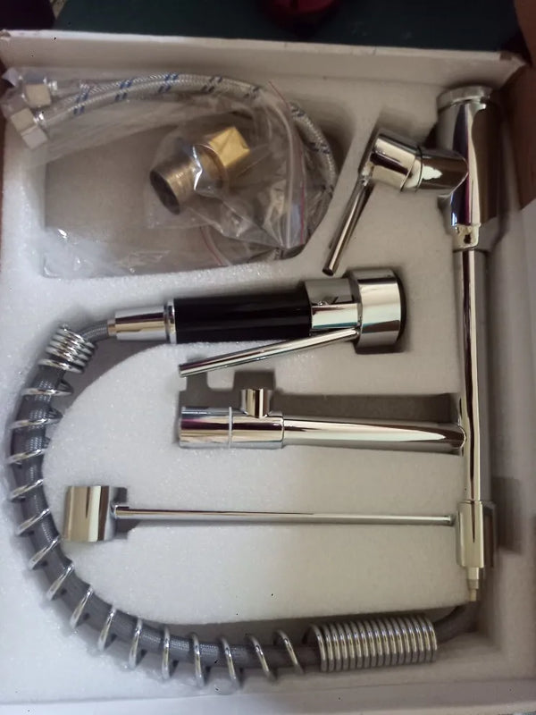 Wysuwana Bateria Kuchenna | Niklowane Złoto | Ciepła i Zimna Woda | Pojedyncza Gałka