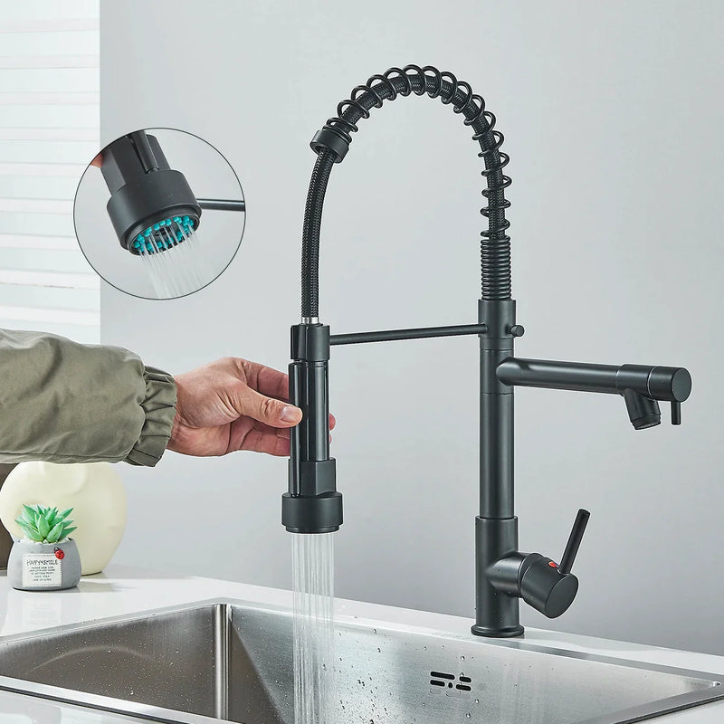 Wysuwana Bateria Kuchenna | Niklowane Złoto | Ciepła i Zimna Woda | Pojedyncza Gałka